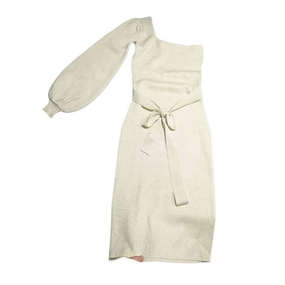 NWT Lulus Cozy Glam Ivory Metallic One-Shoulder Sweater Dress Women's XS - Picture 2 of 4
